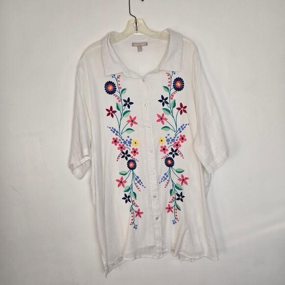 Woman Within Plus Size Embroidered Gauze Shirt Floral White Beach Summer 3X - Picture 11 of 14